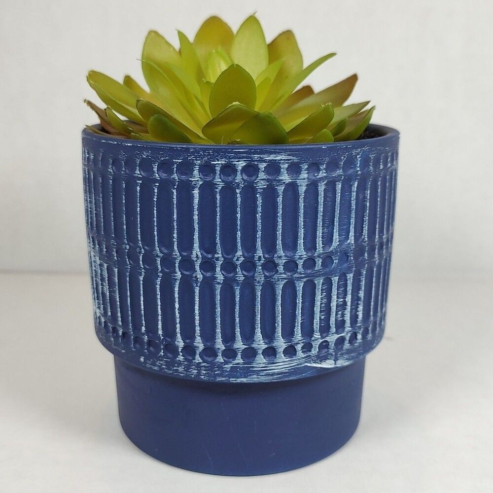 Artificial Fake Succulent Plant Blue Textured Ceramic Planter Whitewashed Desk - Picture 6 of 10